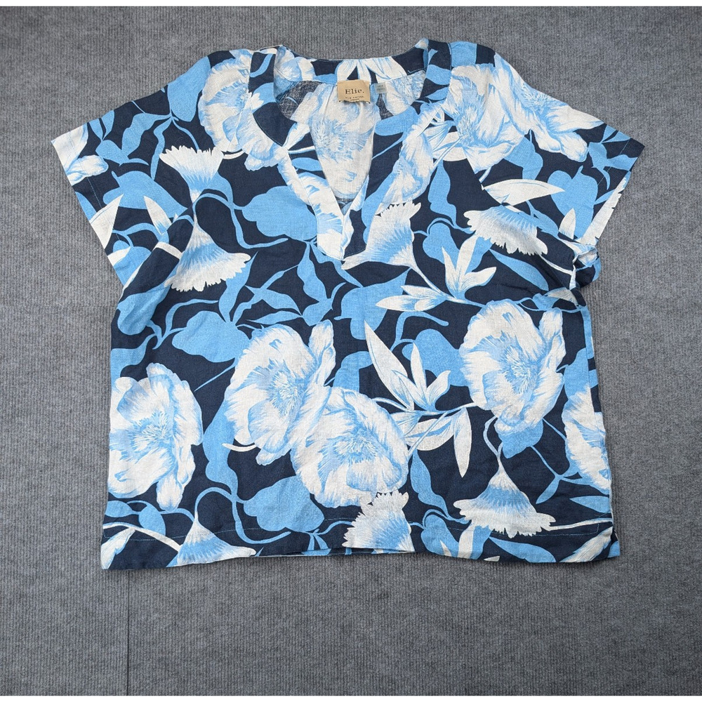 Elie Tahari Linen Top Womens 1X Coastal Floral Blue Resort Blouse Beach Natural